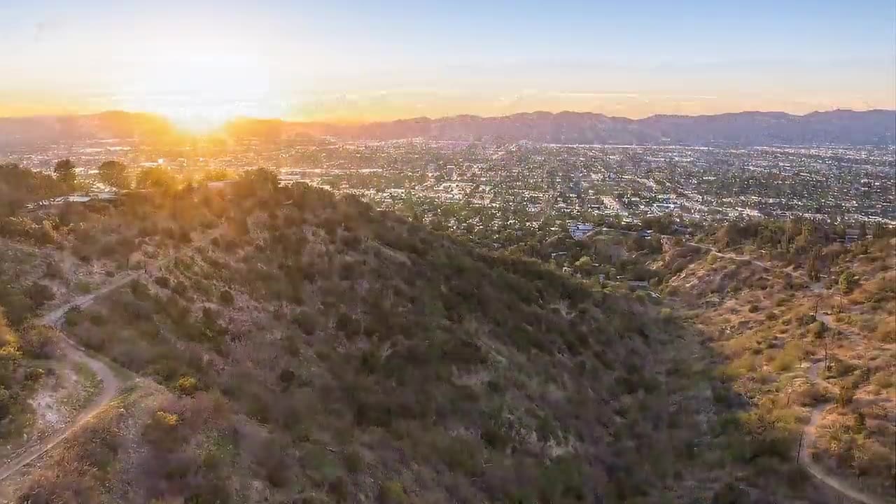 Sunrise over the mountain ridge near Mulholland.