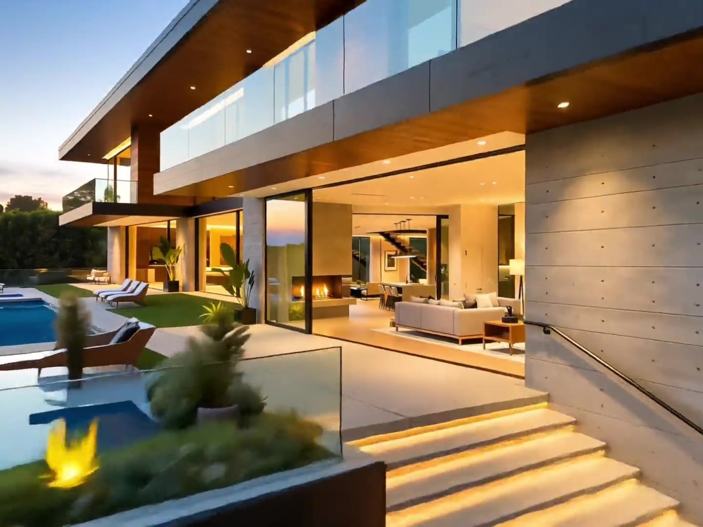 A sheltered terrace view connecting the pool, canyon edge, and interior living areas.