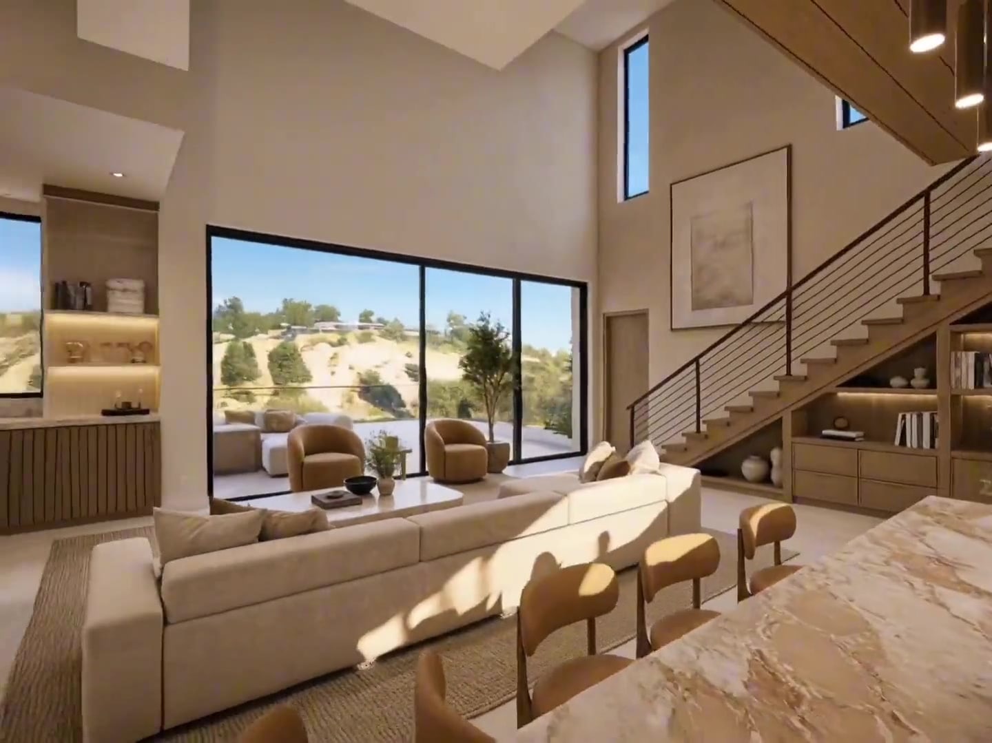 Twilight pool terrace and glass-wrapped residence above Mulholland Drive.