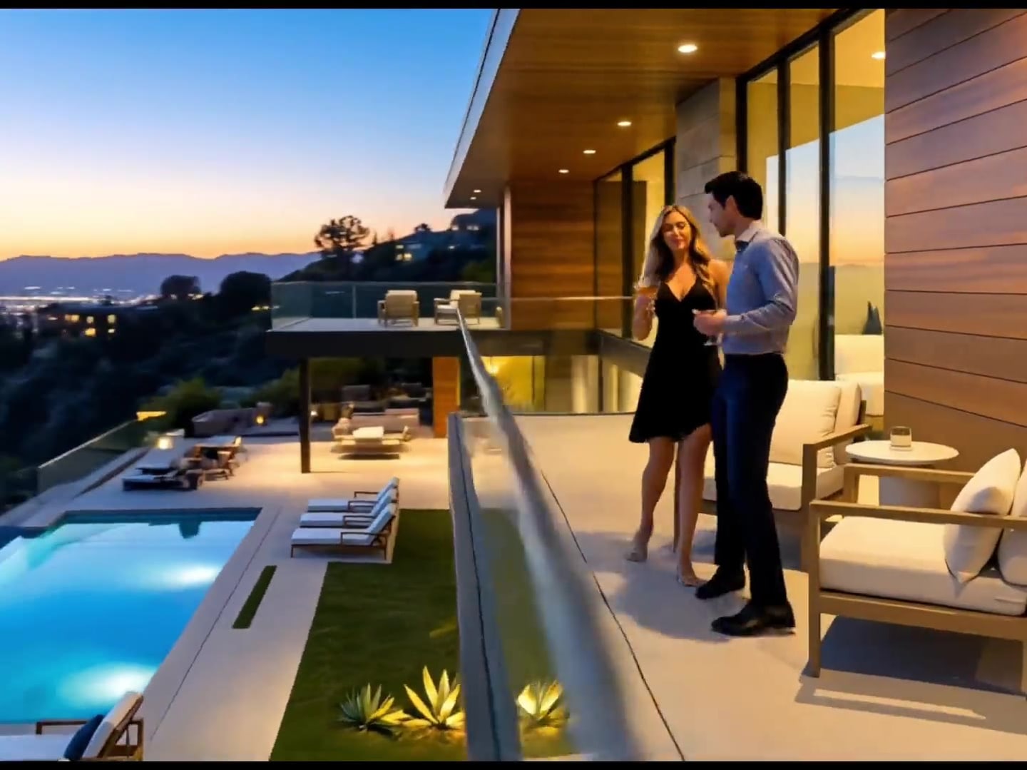 A sunset terrace still overlooking the Valley and city lights beyond the canyon.